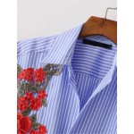 Blue Lines Stripes Red Giant Flower Embroidery Blouse