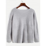 Grey V Neck Ripped Long Sleeves Loose Sweater