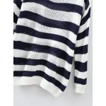 White Dark Blue Contrast Stripes Ribbed Loose Sweater