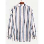 White Blue Vertical Stripes Long Sleeves Boyfriend Blouse Shirt