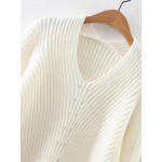 White V Neck Long Sleeves Asymmetrical Loose Sweater