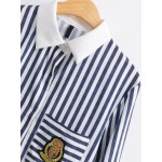 Blue White Collar Vertical Stripes Patch Long Sleeves High Low Blouse