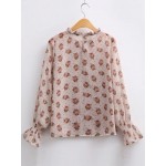 Orange Flowers Floral Chiffon Bell Sleeve Pleated Blouse