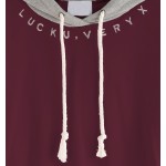 Burgundy Grey Lucky Drawstring Hooded Hoodie Sweatshirt