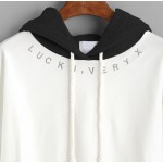 White Black Lucky Drawstring Hooded Hoodie Sweatshirt