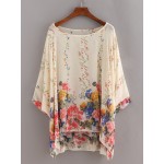 Beige Flowers Roses Print Chiffon Poncho Batwing Blouse Top