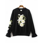 Black Daisy Flowers Embroidered Bell Long Sleeve Sweatshirt