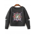 Black Embroidered Totem Cut Out Long Sleeves Sweatshirt
