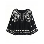 Black Embroideried Bohemia Florals Pattern Top Blouse