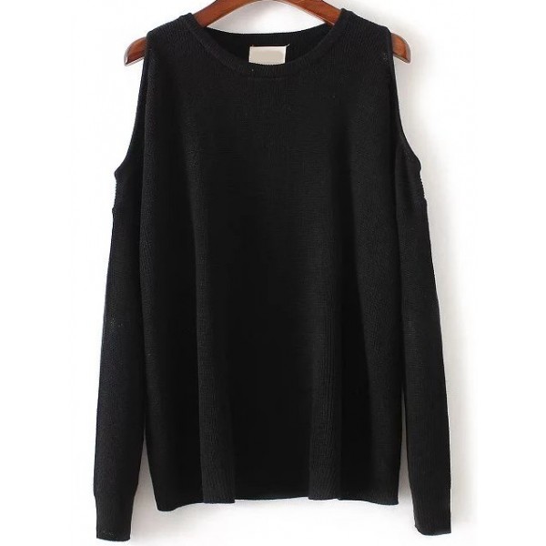 Black Round Neck Open Shoulder Long Sleeves Knitwear Sweater
