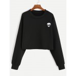 Black White Alien Embroidered Long Sleeves Cropped Sweatshirt