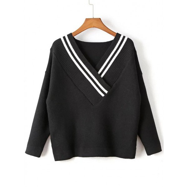 Black White Contrast V Neck Drop Shoulder Sweater Knitwear