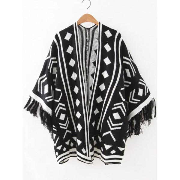 Black White Geometric Square Fringe Cuff Cape Winter Sweater