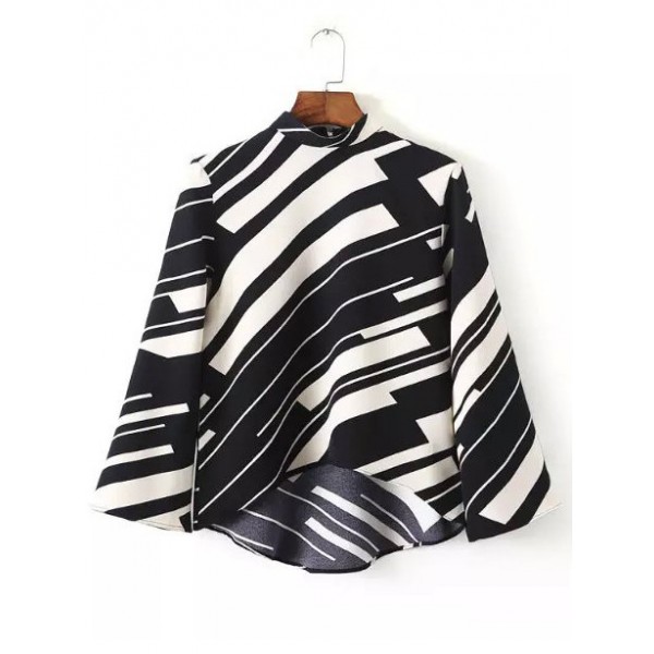 Black White Pattern Stand Collar Long Sleeves Crop Blouse