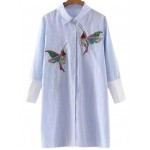 Blue Colorful Birds Embroideried Long Sleeves Shirt Blouse