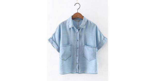 Cropped Denim Short Sleeve Shirt Blue