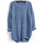 Blue Dipped Hem Knitted Pattern Sweater