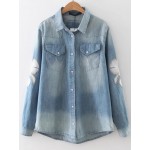 Blue Embroideried Long Sleeves Denim Jeans Blouse Shirt Top