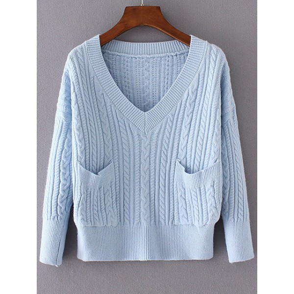 Blue Knit Pattern V Neck Front Pocket Winter Sweater