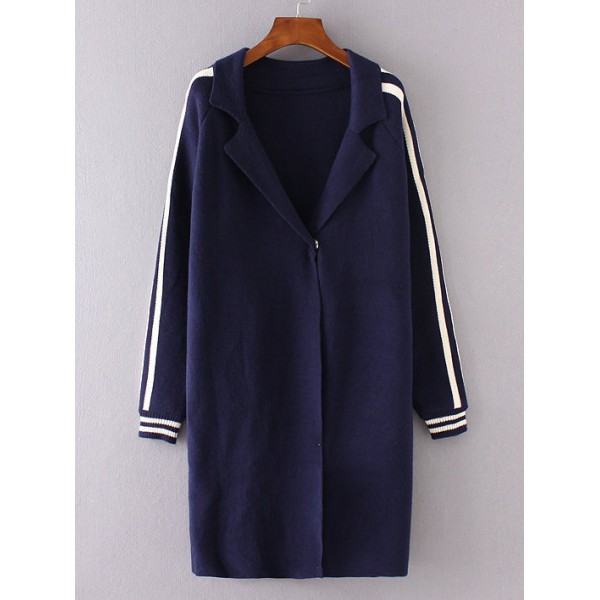 Blue Navy White Striped Long Sweater Coat