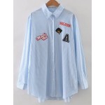 Blue Vertical Stripes Delayed Cloud Patch Long Sleeves Shirt Blouse