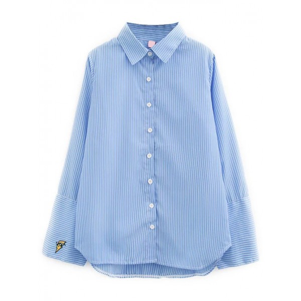Blue Vertical Stripes Lapel Collar Boyfriend Long Sleeves Shirt Blouse