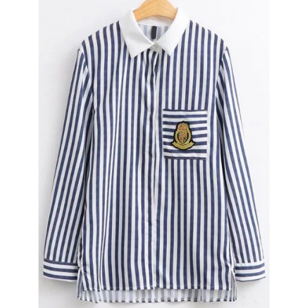 Blue White Collar Vertical Stripes Patch Long Sleeves High Low Blouse