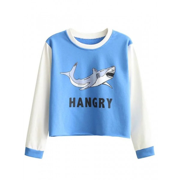 Blue White Hangry Shark Long Sleeves Sweatshirt