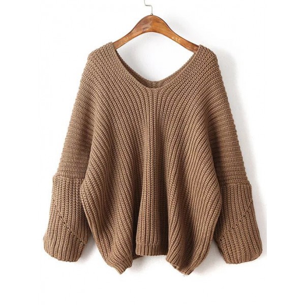Brown V Neck Loose Shoulder Long Sleeves Sweater