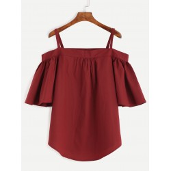 Burgundy Off Shouler Ruffle Sleeves Blouse