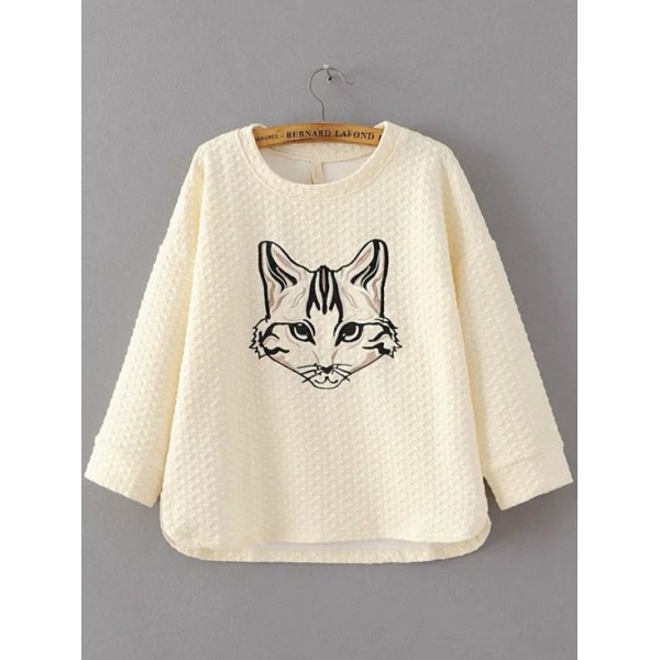 Cream Cat Head Embroidered Sweatshirt