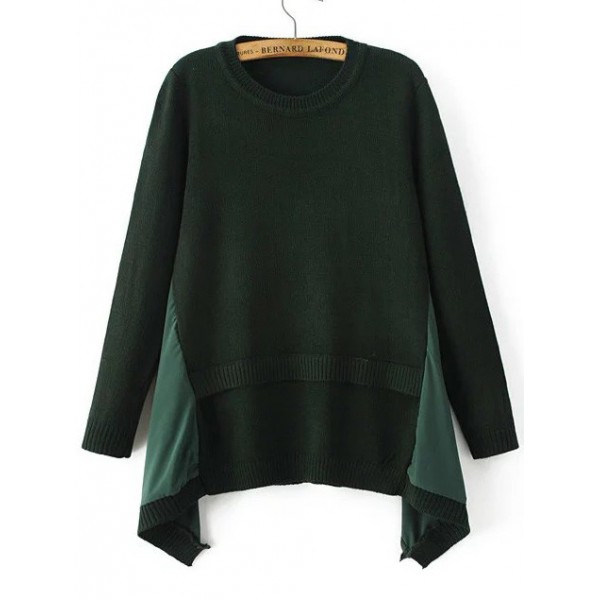 Green Dark Round Neck Asymmetrical Hem Sweater