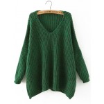 Green V Neck Long Sleeves Loose Winter Sweater