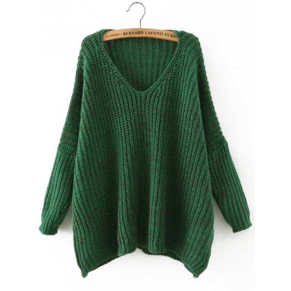 Green V Neck Long Sleeves Loose Winter Sweater