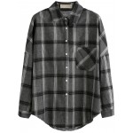 Grey Black Plaid Square Drop Shoulder Pocket Long Sleeves Shirt