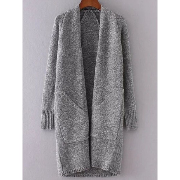 Grey Collarless Loose Sleeve Front Pocket Long Sweater Jackets