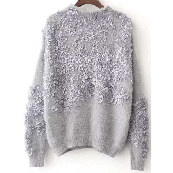 Grey Flower Floral Pattern Drop Shoulder Sweater