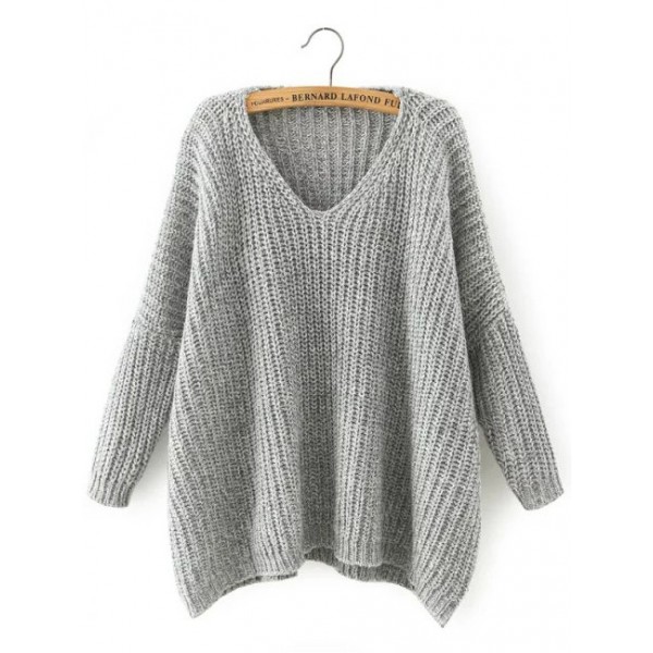 Grey V Neck Loose Batwing Long Sleeves Sweater Top