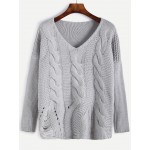 Grey V Neck Ripped Long Sleeves Loose Sweater
