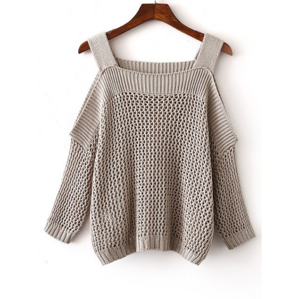 Khaki Brown Cold Open Shoulder Gigot Sleeve Knitted Sweater