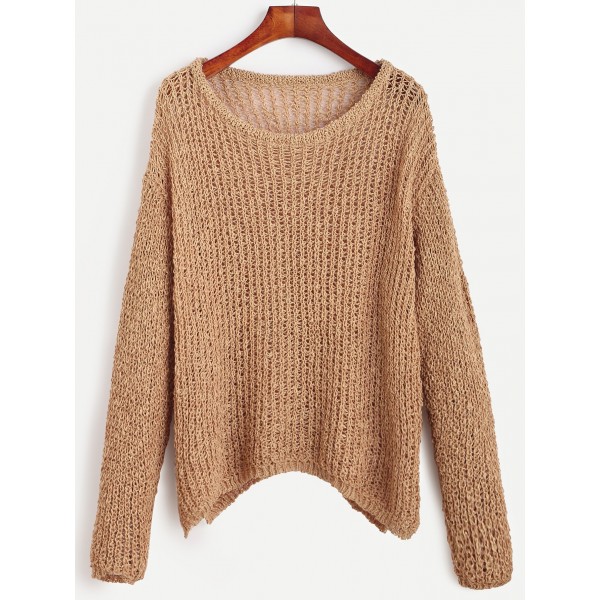 Khaki Brown Drop Loose Shoulder Knitted Winter Sweater