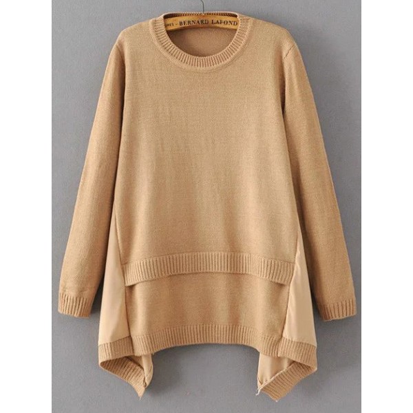 Khaki Round Neck Asymmetrical Hem Sweater
