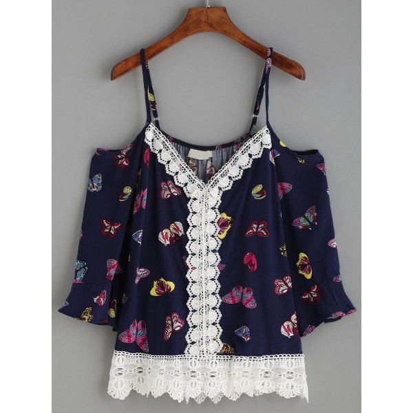 Navy Butterfly Crochet Bohemia Ethnic Open Shoulder Cut Out Top Blouse Shirt