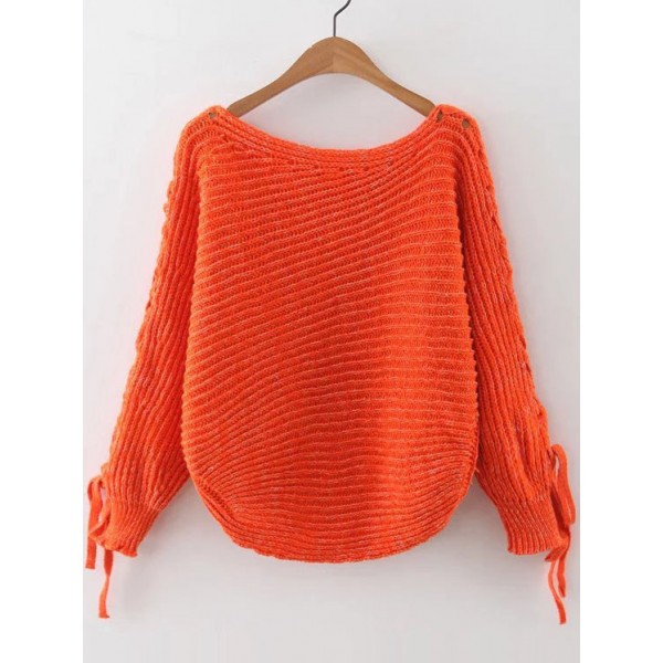 Orange Striped Lace Up Long Sleeves Winter Sweater