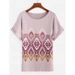 Pink Geometric Ethnic Tribal Print Rolled Short Sleeves Shirt Top