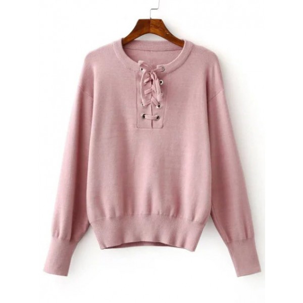 Pink Round Neck Eyelet Lace Up Knitwear Sweater