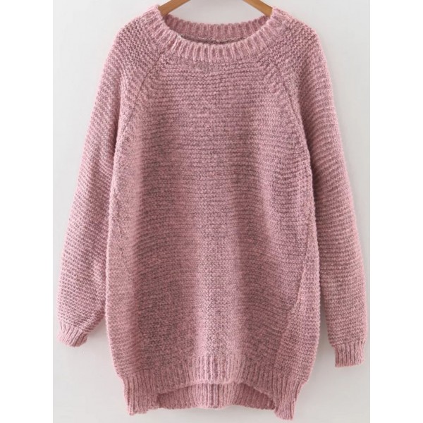 Pink Round Neck Long Sleeves Dip Hem Sweater