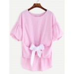 Pink Stripes White Bow Tied Up Blouse Top