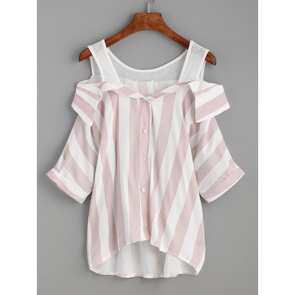 Pink White Stripes Contrast Open Shoulder Sleevesless Shirt Blouse