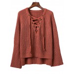 Red V Neck Lace Up Long Sleeves Winter Sweater